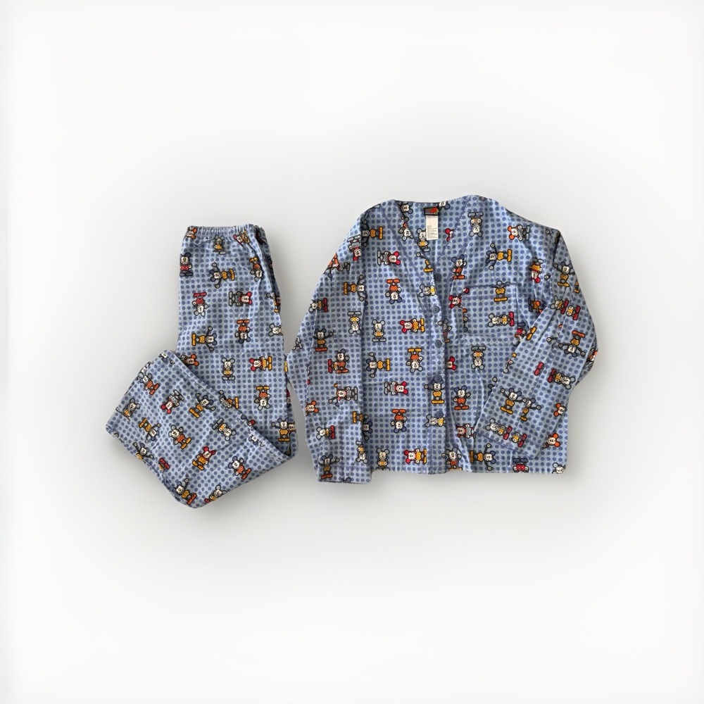 Vintage Mickey Mouse Pajama Set L Disney Flannel Sleepwear Y2K Lounge Set